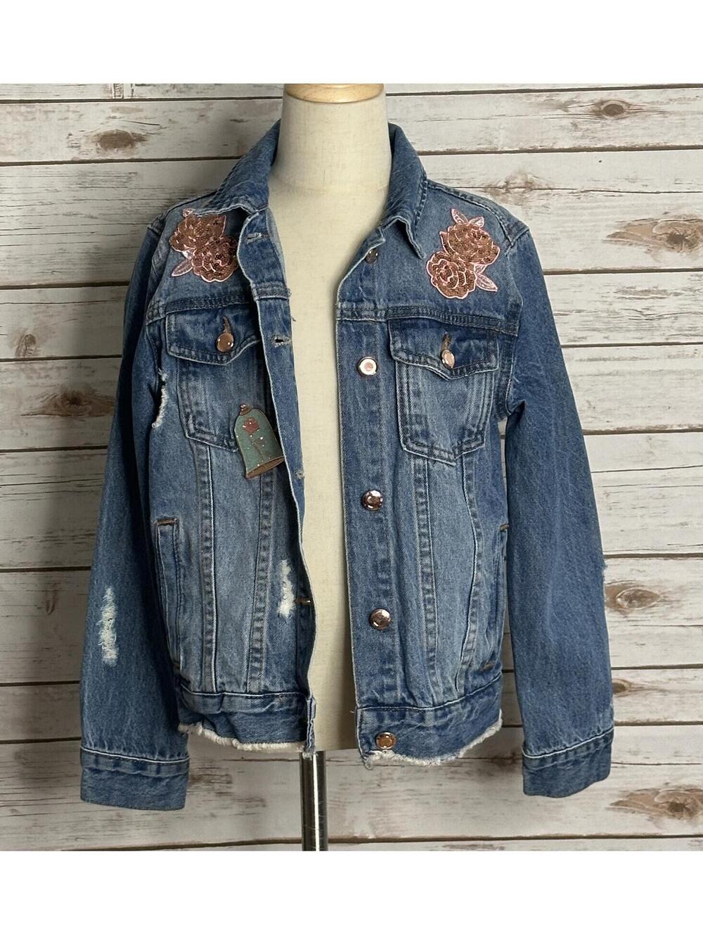 Disney distressed jean jacket Size 7/8 denim medium wash sequin embroidered - Picture 1 of 9
